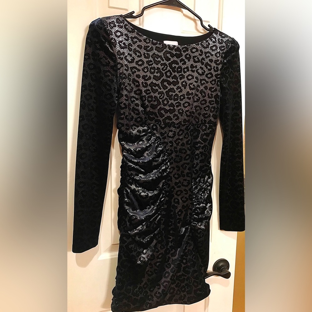 Bebe Kardashian Velvet Dress.. Navy Blue with Metallic Silver Animal Print.